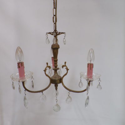 Vintage Crystal and Brass Chandelier 3 Branch with Pink Candelabras, 7s