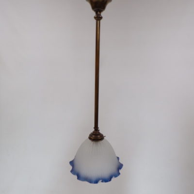 Victorian Pendant with Ribbed Glass and Blue Tipped Rim Shade, 16c