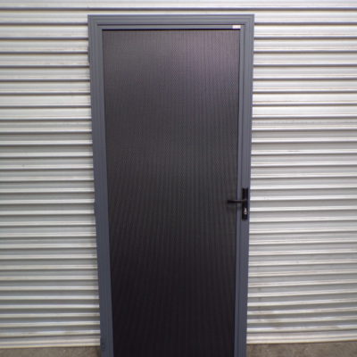 Security Door Woodland Grey Powder Coated with Steel Mesh 865mm wide x 2050mm high, 3s