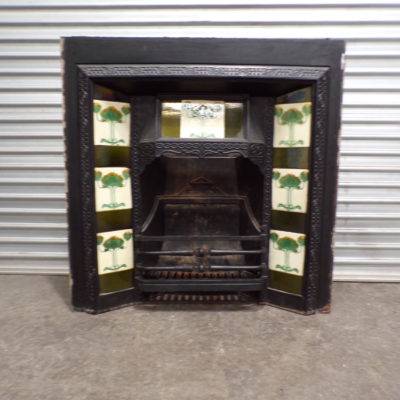Victorian Cast Iron Insert with White and Green Tiled Surround,  (6a)