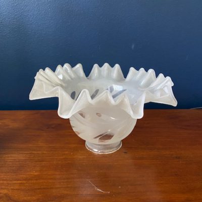 Vintage Art Nouveau Shade Frosted Glass with Frilled Rim, 115mm High x 190mm wide, Rh1